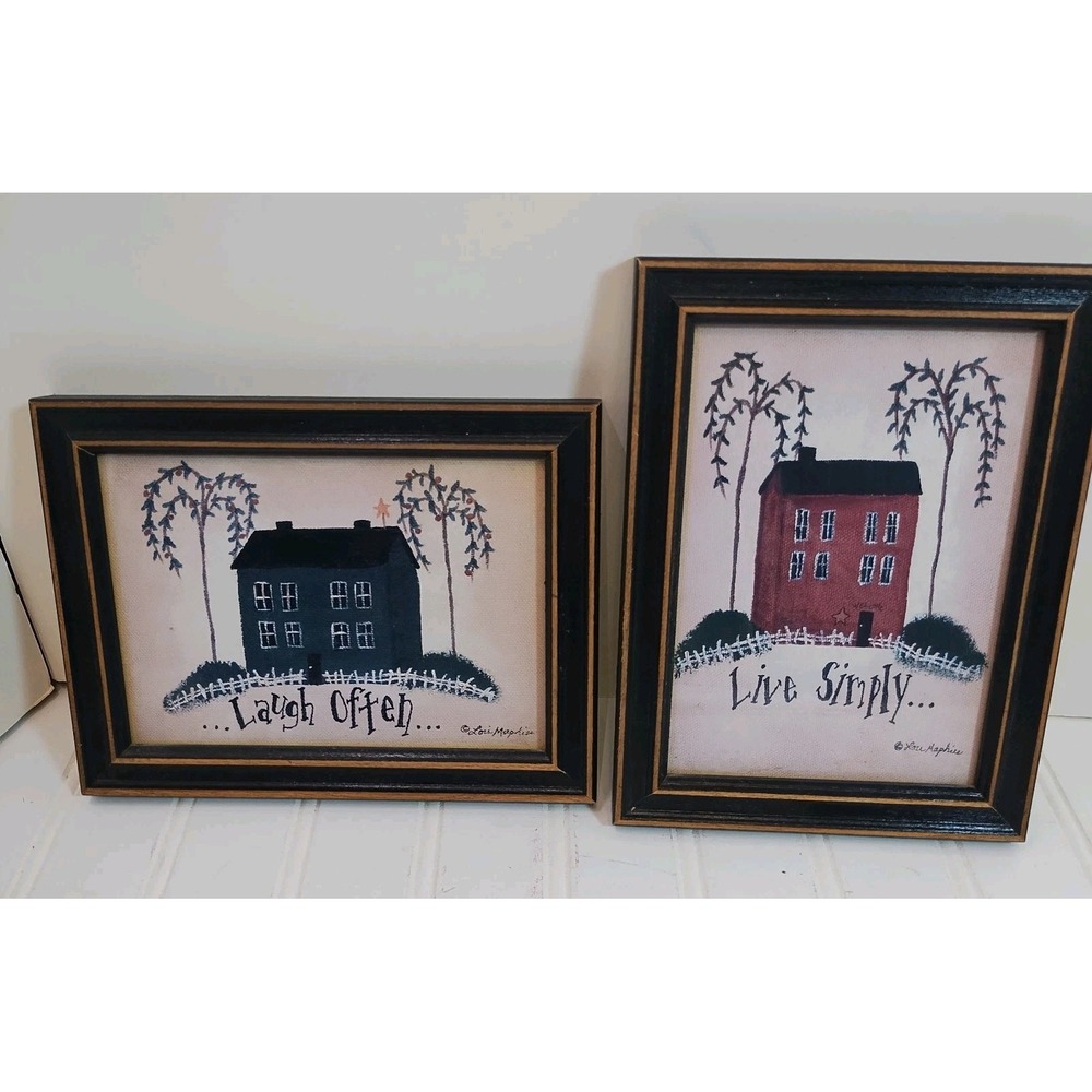 2 Lori Maphies Americana Prints Live Simply Laugh Often Framed Primitive FolkArt